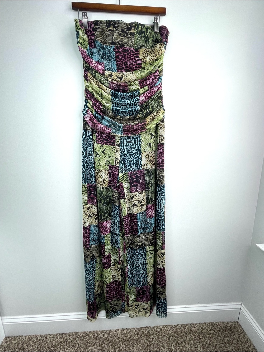 Coco Bianco Strapless Animal Print Patchwork Jumpsuit  Size Large